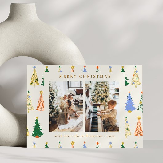 Cute kerstbomen Red Green Boho Three Photo Feestdagenkaart