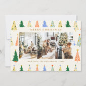 Cute Kerstbomen Red Green Boho Vier Foto Feestdagenkaart (Voorkant)