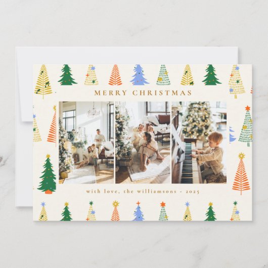 Cute Kerstbomen Red Green Boho Vier Foto Feestdagenkaart (Voorkant)