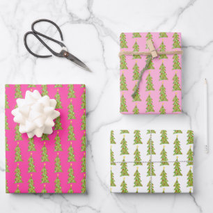 Cute Kerstbomen Retro Vakantiepatroon ROZE Inpakpapier Vel