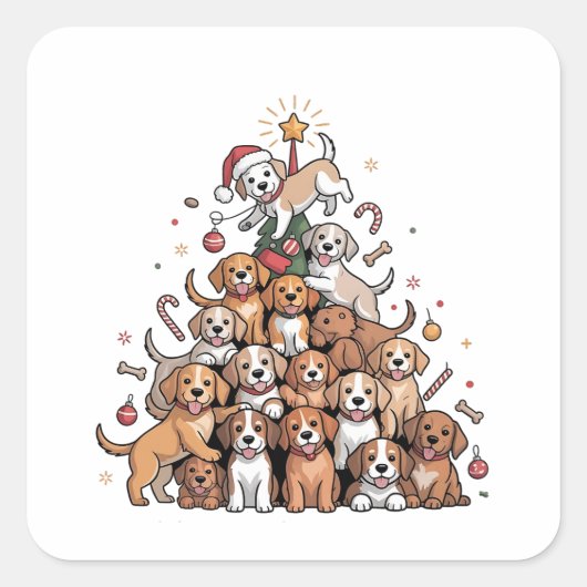 Cute Kerstboom Hond Kerstboom Puppy Vierkante Sticker (Voorkant)
