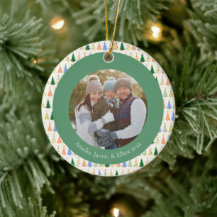 Cute Kerstboom Rood Groen Familie Aangepaste Foto Keramisch Ornament