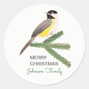 Cute kerstcichorei gele vogel & groene boom ronde sticker