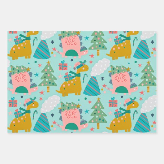 Cute Kerstdinosaurus Pattern Inpakpapier Vel (Voorkant 3)
