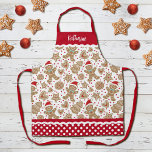 Cute Kerstfeestay Gingerbrood Man Schort<br><div class="desc">Een schattig vakantiekoekjespatroon voor ontbijtkoek simuleert dit schort. Pas het aan met jouw naam. De rand van het schort heeft een rood en wit puntpatroon met röntgenstraal. Maakt een leuk cadeau voor Kerstmis. Ontworpen voor jou door Blackberry Boulevard.</div>