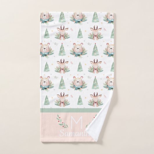 Cute Kerstfeestdagen Beer en deer Monogram Bad Handdoek (Handdoek)