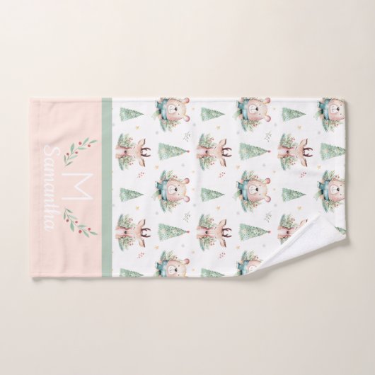 Cute Kerstfeestdagen Beer en deer Monogram Bad Handdoek (Handdoek)
