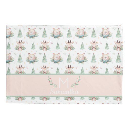 Cute Kerstfeestdagen Beer en deer Monogram Kussensloop (Achterkant)