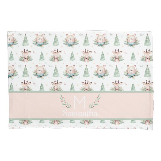 Cute Kerstfeestdagen Beer en deer Monogram Kussensloop (Voorkant)
