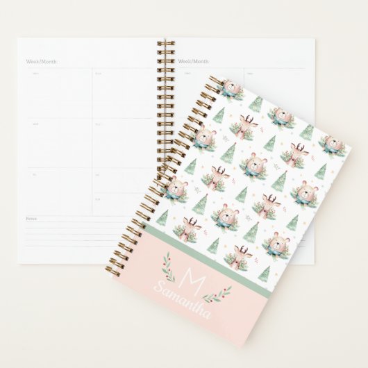 Cute Kerstfeestdagen Beer en deer Monogram Planner (Display)