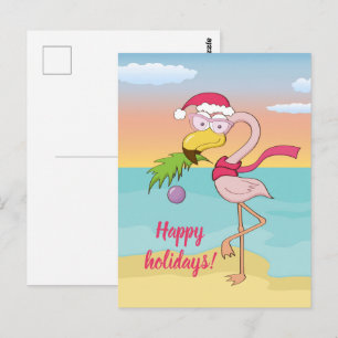 Cute Kerstflamingo op het strand gepersonaliseerd Briefkaart