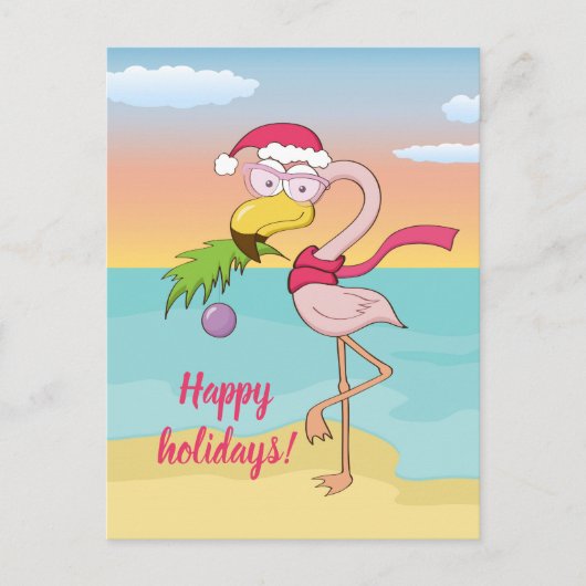 Cute Kerstflamingo op het strand gepersonaliseerd Briefkaart (Voorkant)