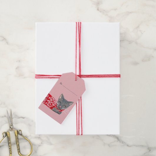 Cute kerstgrijs Kattenroze feestdag Cadeaulabel (Met Touw)