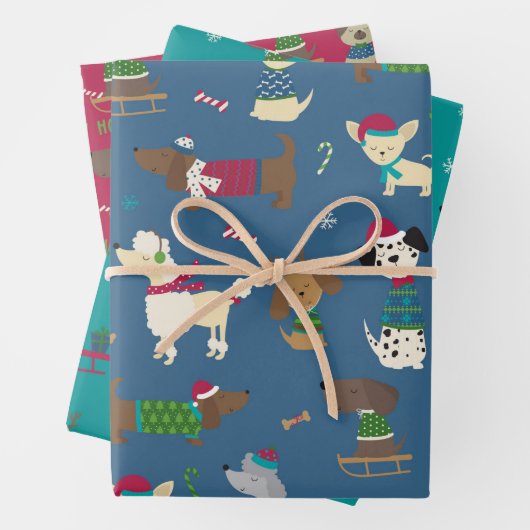 Cute Kersthonden Cartoon Pattern Red Blue Inpakpapier Vel (In situ)