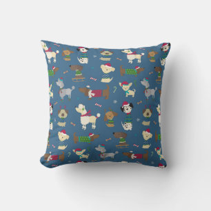 Cute Kersthonden Cartoonpatroon in Blauw Kussen