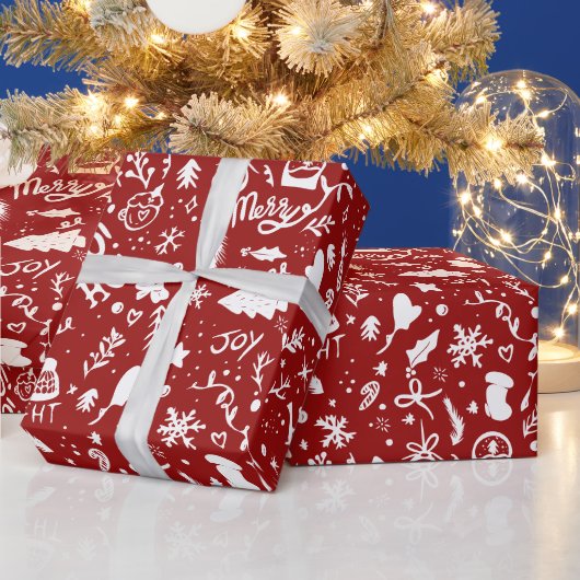 Cute kerstillustraties rood cadeaupapier (Feestdagen)