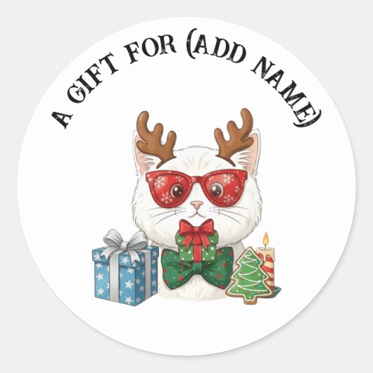 Cute Kerstkat Cadeaubijslab Sticker (Voorkant)