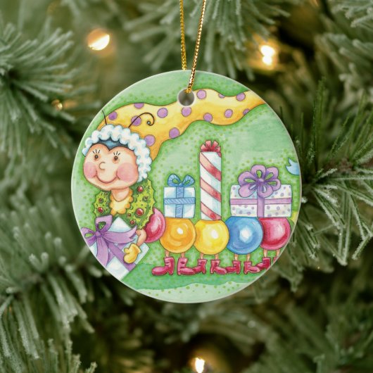 Cute Kerstkerst-driepijlertrein met Cadeaus Keramisch Ornament (Boom)