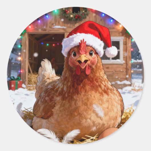 Cute Kerstkip en Kippenhok Ronde Sticker (Voorkant)