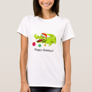 Cute kerstkrokodil. Groene gouden en rode ballen T-shirt