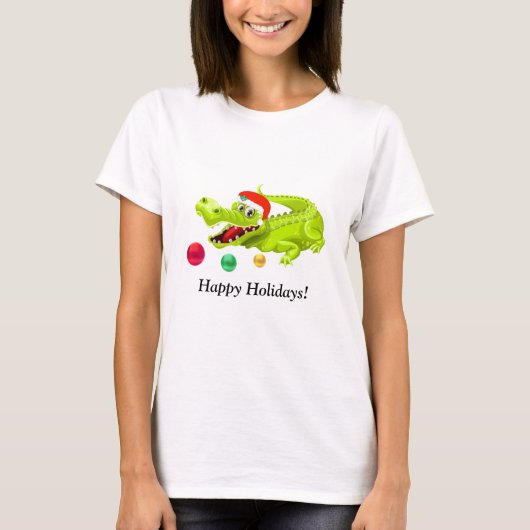 Cute kerstkrokodil. Groene gouden en rode ballen T-shirt (Voorkant)