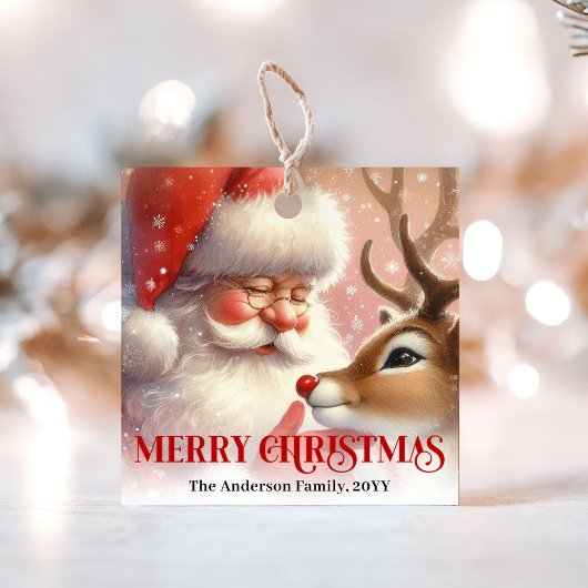 Cute Kerstman en Rudolph Festive Kerstcadeau Label
