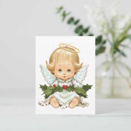 Cute Kerstmis Baby Angel en Holly Briefkaart (Staand voorkant)
