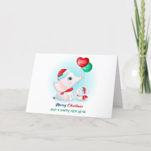 Cute Kerstmis Baby Elephant Baby Bunny Santa Pet Feestdagen Kaart