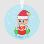 Cute Kerstmis Baby Elf, Aangepaste naam op lichtbl Ornament (achterkant)