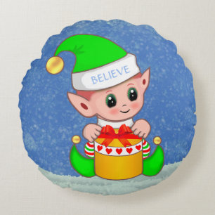 Cute Kerstmis Baby Elf op Light Blue Rond Kussen