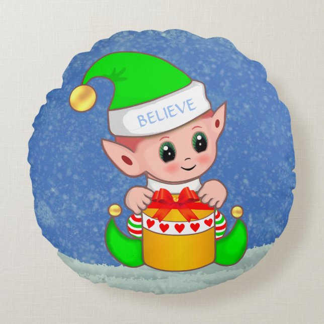 Cute Kerstmis Baby Elf op Light Blue Rond Kussen (Voorkant)