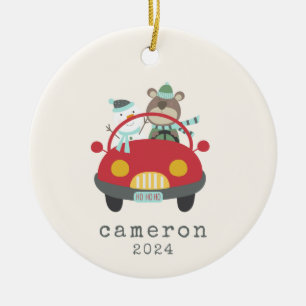 Cute Kerstmis-Beer Snowman Red Car - Aangepast Keramisch Ornament