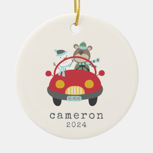 Cute Kerstmis-Beer Snowman Red Car - Aangepast Keramisch Ornament (Voorkant)