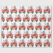 Cute Kerstmis Beer Snowman Red Car Whimsical Cadeaupapier (Vlak)