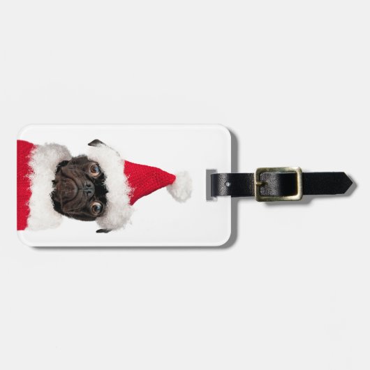 Cute Kerstmis Black Pug Puppy Santa Hat Bagagelabel (Voorkant horizontaal)