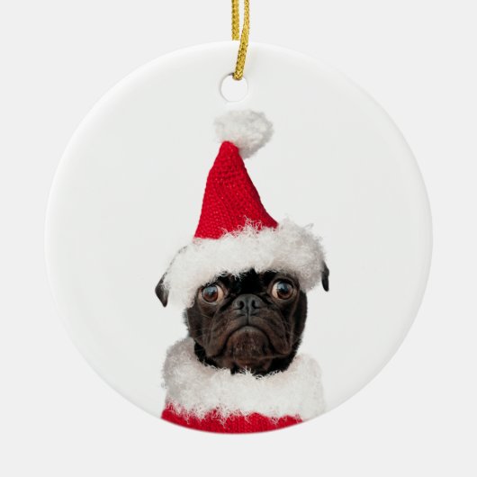 Cute Kerstmis Black Pug Santa Hat Keramisch Ornament (Voorkant)