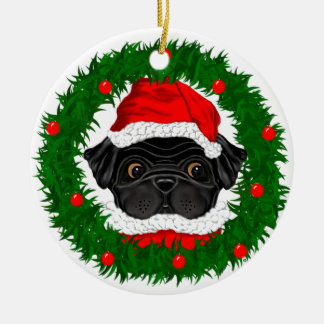Cute Kerstmis Black Pug Santa in Wreate Keramisch Ornament