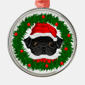 Cute Kerstmis Black Pug Santa in Wreate Metalen Ornament