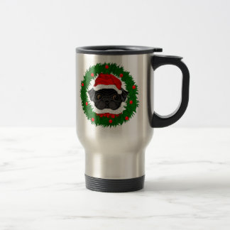 Cute Kerstmis Black Pug Santa in Wreate Reisbeker