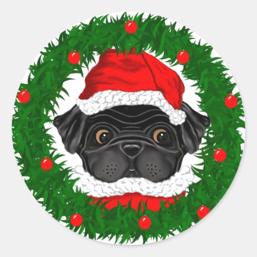 Cute Kerstmis Black Pug Santa in Wreate Ronde Sticker (Voorkant)