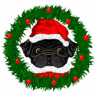 Cute Kerstmis Black Pug Santa in Wreate Staand Fotobeeldje