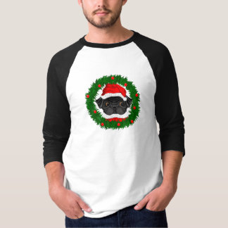 Cute Kerstmis Black Pug Santa in Wreate T-shirt