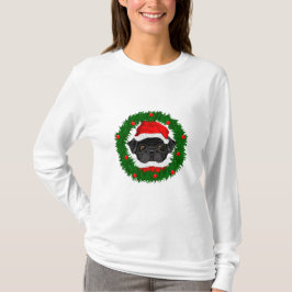Cute Kerstmis Black Pug Santa in Wreate T-shirt