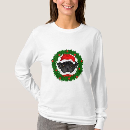 Cute Kerstmis Black Pug Santa in Wreate T-shirt (Voorkant)