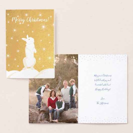Cute Kerstmis Bunny Snow Night Starry Sky Foto Folie Kaarten (Display)