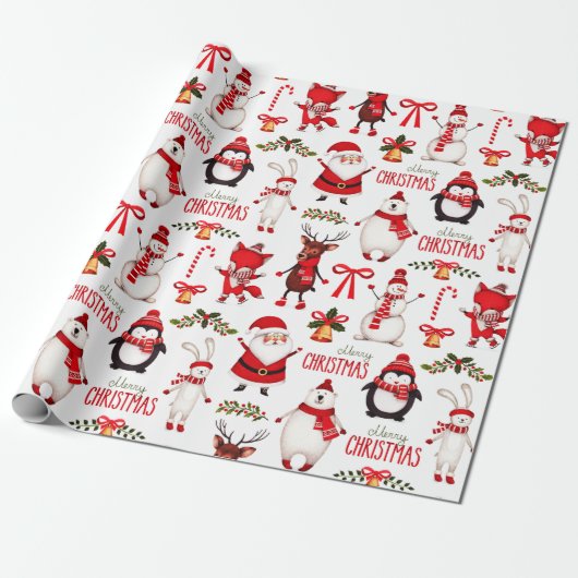 Cute Kerstmis Cartoon Pattern Cadeaupapier (Uitgerold)