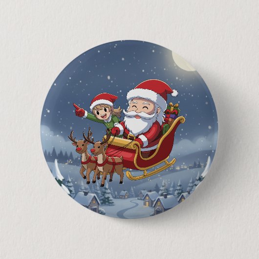 Cute Kerstmis Chibi Kerstman en Elf knop Ronde Button 5,7 Cm (Voorkant)