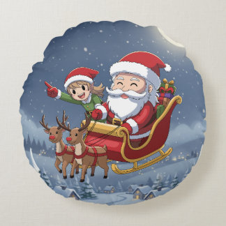 Cute Kerstmis Chibi Kerstman en Elf Ronde Kussen