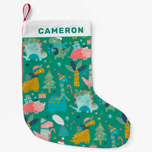 Cute Kerstmis Dinosaur Pattern Green, gepersonalis Kleine Kerstsok (Voorkant)