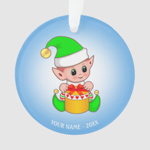 Cute Kerstmis Elf, Aangepaste naam op lichtblauw Ornament